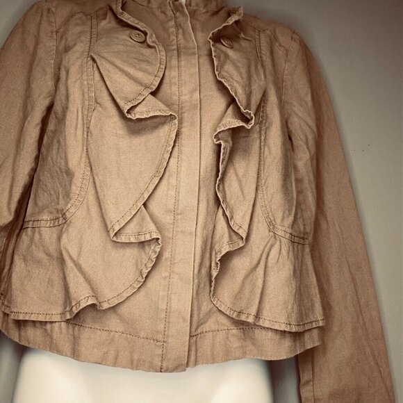 Ann Taylor LOFT Linen Crop Ruffle Full Zip Lightweight Tan Jacket Women's Size S - Picture 2 of 7